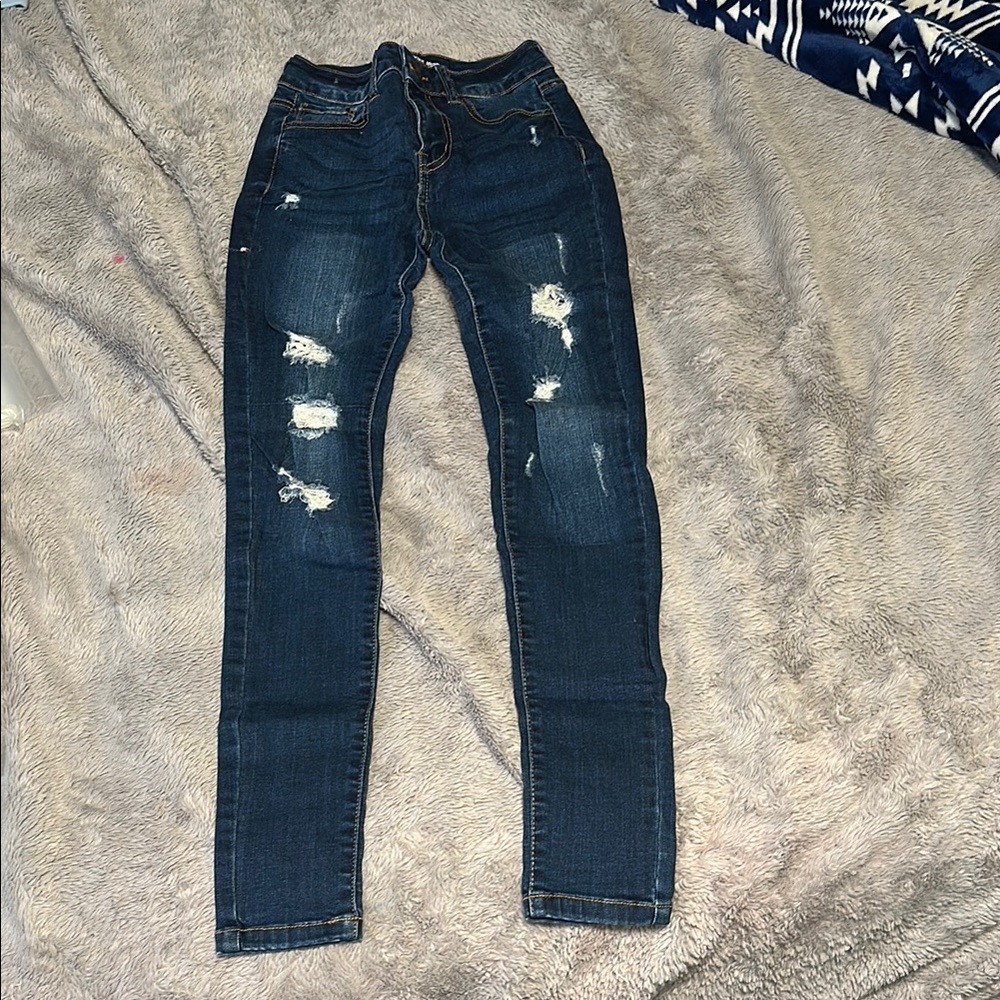 Wax Jean Dark Blue Distressed Skinny Jeans